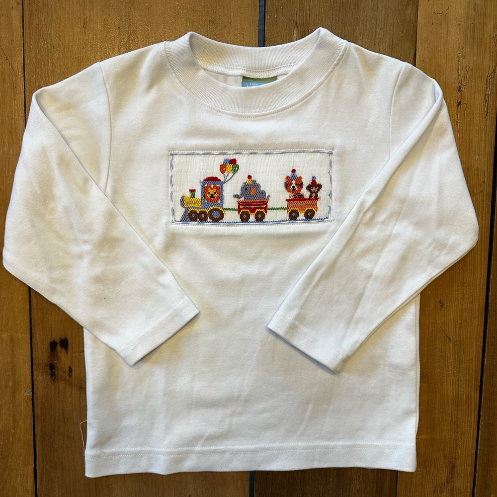 Velani Boys Smocked Birthday Party Animal Train Short Sleeve Shirt Size 4T. EUC